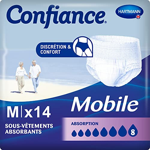Confiance Mobile - Slips Absorbants pour Hommes et Femmes - Niveau d'Absorption = 8 gouttes (Fuites Urinaires Importantes) - Discrets et efficaces - pH Neutre à la Peau - Taille M - 14 Unités