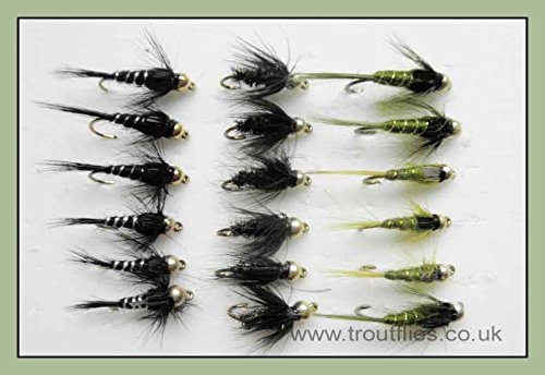 Gold Bead Nymphe Forelle Fliegen, 18 Pack olive & Schwarz. Gemischte 10/12, für Fliegenfischen
