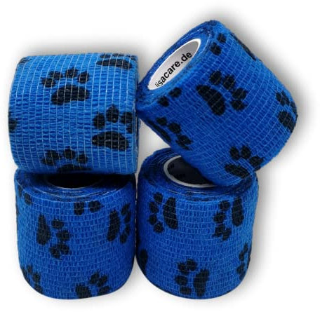 LisaCare Pfotenverband 5cm x 4,5m | 4er-Set mit Pfoten Motiv - BLAU | Kohäsive Bandage | Wundverband | Pflasterverband | elastisch, dehnbar, selbsthaftend, ohne Kleben