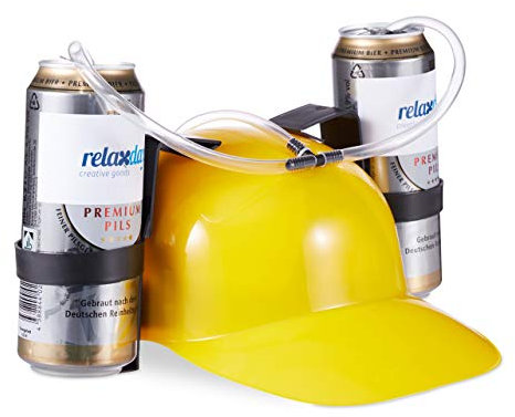 relaxdays Cappello Porta Birra, Elmetto con Cannuccia, Supporti per 2 Lattine, Gadget per Carnevale Calcio Feste, Giallo