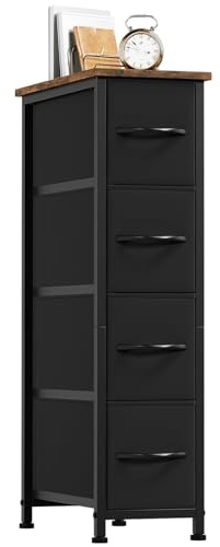 Somdot Kommode mit Schubladen, Kommode Schmal Schlafzimmer Wohnzimmer Flur, Komodenschrank Schubladenschrank Aufbewahrungsschrank Stoffkommode, 4 Stoffschubladen, Rustikales Braun, 48T x 20B x 75H cm