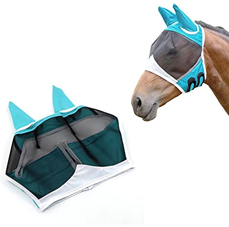 Andiker Soft Mesh Horse Fly Mask with Ears, Breathable Horse Face Mask Protect Eyes and Face (Green, Small)