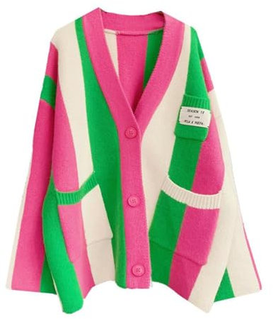 JASCLS Winter Langarm Zopfmuster Farbblock Boho Gestreifte Pullover Strickjacken Chunky Pullover Strickjacken für Frauen, Rainbow Pink, Groß