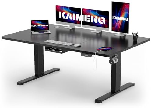 KAIMENG Electric Standing Desk 160 x 80 cm, USB Charging Height-Adjustable Desk witn Headphone Hooks & Sit Stand Reminder, Sit Stand Table & Workstations with Cable Tray,Home Office Desk, Black
