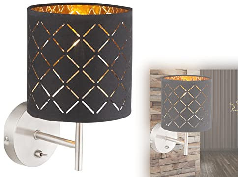 bmf-versand® Wandleuchte Innen Schlafzimmer mit Schalter - Wandlampe Wohnzimmer 1 Flammig Textilschirm - Leselampe Wandmontage 1 Spot E14 - Wandstrahler Schwarz Gold ohne Stecker
