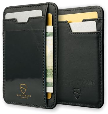 Vaultskin Porte-Cartes Homme - Portefeuille Slim en Cuir avec Protection RFID, Étui Cartes avec Fenêtre d’Identité et Coffret Cadeau, Petit Portefeuille pour Cartes et Billets (Noir de Jais, Brixton)