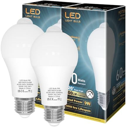 LUTW Glühbirne mit Bewegungsmelder, 9W E27 LED Lampe mit Bewegungsmelder Ersetzt 60W, 3000K Warmweiß 900lm, 220° Abstrahlwinkel Energiesparlampe für Flur, Garage, Balkon, Treppe, 2er Set