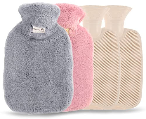 Bizcasa 2 pezzi 2L Borsa Acqua Calda con Coperchio in Peluche, Confezione da Acqua Calda Grande Capacità Borsa Acqua Calda in Gomma con Coperchio Rimovibile,con Una sciarpa di Natale