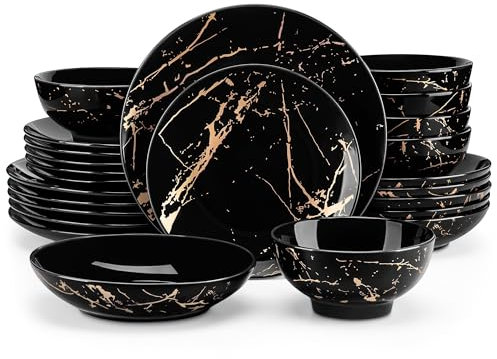 LOVECASA Vajillas Completas para 6 Personas, 24 Piezas, Juego de Platos Vajilla de Porcelana en Negro Moderno con Detalles Dorados Moderna - Cuencos, Platos de Postre, Llanos y Hondos - Negro