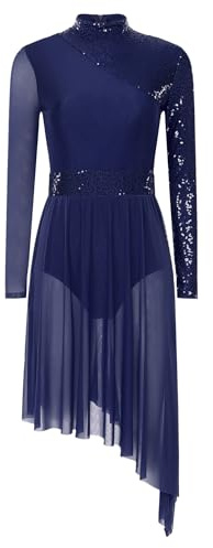 dPois Robe Danse Contemporaine Femme Manche Longue Paillettes Asymétrique Dentelle Robe Danse Latine Dancewear S-XXL Bleu Marine S
