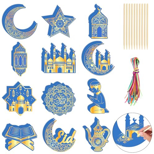 DPKOW 36 st Eid skrapkonst för barn vuxna, blå guld EID SCRATCH konstpapper, månlykta moské Eid-dekorationer, Eid-gåvor för barn, islamiska gåvor, ramadan, skrapkonst, Eid-presenter