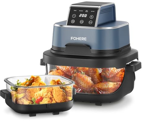 FOHERE Tragbare Heißluftfritteuse, 4-in-1 Heißluftfrittieren für Bake, Recrisp, Max Crisp, Airfryer, 4 L &1.5 L, 6 Portionen, kompakt, 2x herausnehmbare Glasbehälter & Deckel, Blau