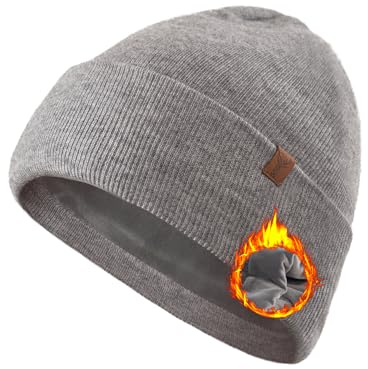 TRENDOUX Beanie Hats for Women, Unisex Warm Elastic Fleece Skull Cap Men, Thermal Merino Wool Winter Hat with Stretchy Soft Lining, Thick Cozy Cuffed Beanie for Running, Walking, Hiking, Midgrey