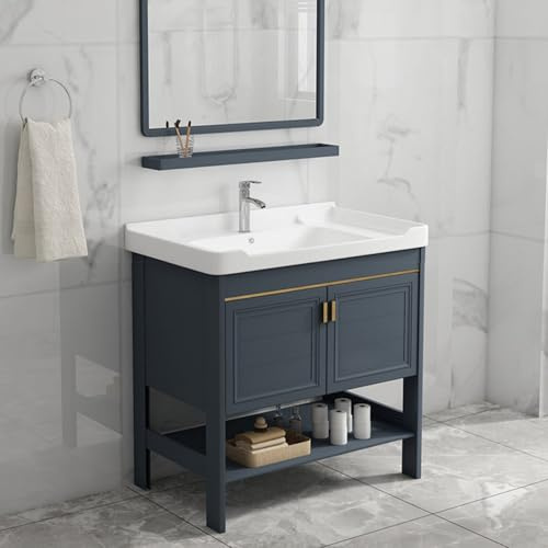 Fregadero de baño de montaje en pared, moderno fregadero rectangular con lavabo de cerámica, gabinete de almacenamiento de tocador individual, incluye grifo y kit de drenaje