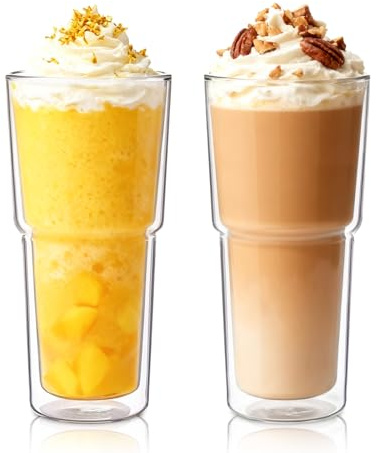 INSETLAN 590ml Doppelwandige Kaffeegläser, Latte Macchiato Gläser 2er Set Borosilikatglas Kaffeetassen Glas Cappuccino Tassen für Kaffee, Eis, Milch, Saft, Tee (Groß)