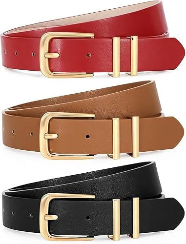 WERFORU Lot de 3 Ceintures Femme en Cuir Ceinture Mode Réglable pour Femme avec Boucle Dorée pour Jeans Robes Pantalons,Noir/Marron/Rouge