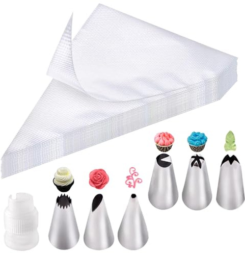 KNUIUYY 100 Pezzi sac à Poche, sac a Poche USA e Getta con 6 Ugelli in Acciaio Inossidabile e 2Convertitore Adatto, per Decorare Torte di Biscotti, Sacchetti per Decorare Torte(20x30cm)