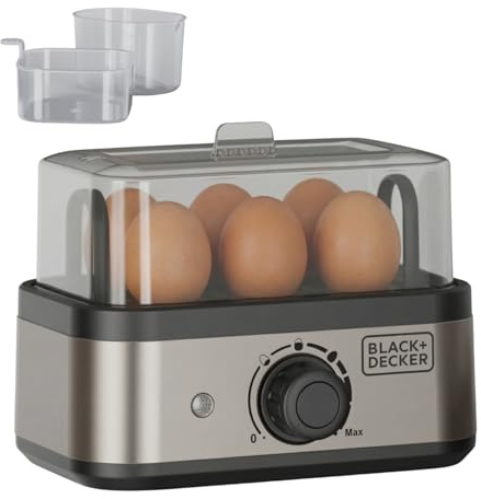Black+Decker - Cuociuova elettrico 400W | 6 uova | 3 livelli cottura (morbido/medio/duro) | Spegnimento automatico | Segnale acustico | Parti lavabili in lavastoviglie