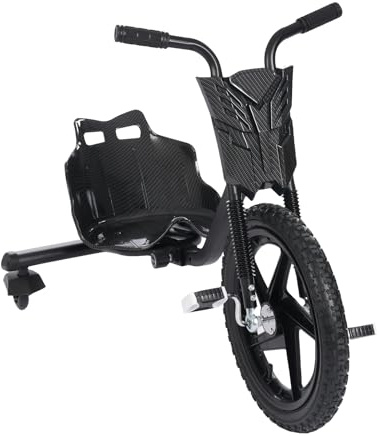 Drift Trike Trottinette à 3 roues pour enfants à partir de 6 ans, hauteur réglable sur 4 positions, avec feu arrière LED, tricycle stable jusqu'à 80 kg, noir