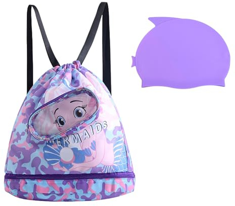 RevpoltIQ Kids Swimming Bag with Swim Cap for Girls, Dry Wet Separation Waterproof Swiming Bag Kids Large Capacity Drawstring Swim Bag with Swim Hat for Beach Pool Travel School