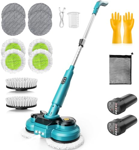 Balai Brosse Electrique sans Fil avec 8 Pads&2 Brosses pour Nettoyage Sol | 3 Vitesses Réglable 300 Ml Réservoir d'Eau Pulvérisateur d'Eau Lampe LED longueur réglable tête de brosse inclinable