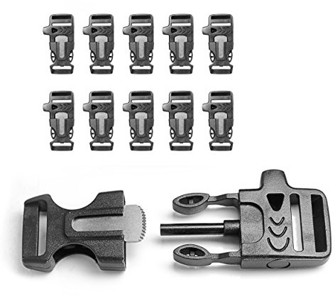 Ganzoo 10 chiusure a clip a scatto in plastica colore nero, fibbia a incastro con fischietto e acciarino integrati, slot 19x4 mm, dimensioni 62x32x11 mm per cordini, Paracord, cinghie e collari