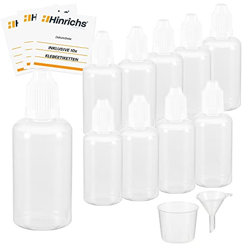 Hinrichs 10 x 50ml Liquid Flaschen mit Trichter, Messbecher und Etiketten - Leere Quetschflasche zum Mischen, Nachfüllen & Dosieren - Tropfflasche Squeeze Bottle - Dosierflasche klein Set