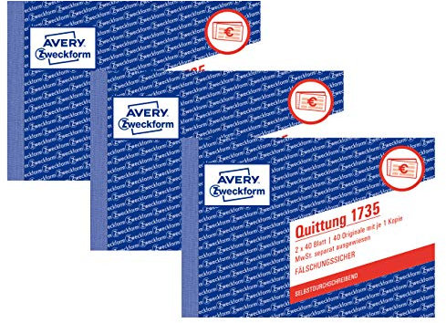 AVERY Zweckform 1735 Quittung (A6 quer, MwSt. separat ausgewiesen, 2x40 Blatt) weiß/gelb (3 Stück)
