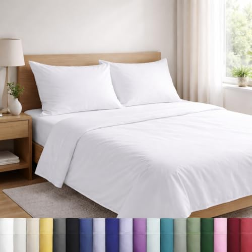 Mattress-Homes Queen Sheet Set 4 Piece, Hotel Luxury Bed Sheets, Soft Breathable Cooling Bedding Set, Deep Pocket Queen Sheets, Comfy Hotel Collection Bed Sheets Set White Solid