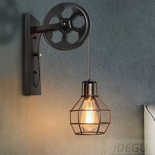iDEGU Vintage Lámparas de Pared Industrial Apliques de Pared Estilo de Polea Luz de Pared para Dormitorio, Sala de Estar, Restaurante, Bar (1 pieza - Negro)