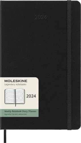 Moleskine Wochenplaner Horizontal 12 Monate 2024, Planer 2024, Großformat 13x21, Hardcover und elastischer Verschluss, Farbe Schwarz