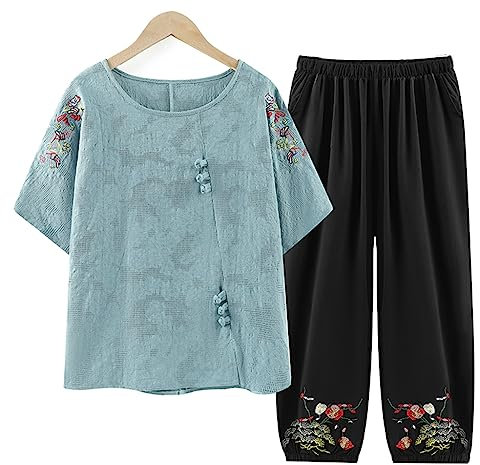 QPZK Frauen Tang Anzug Hanfu Chinesische traditionelle Kleidung, Erwachsene ältere Tai Chi -Uniform für Frauen Kampfkunst Kung Fu Kleidung Kurzärärmische Mantel und Hosen blue-4XL
