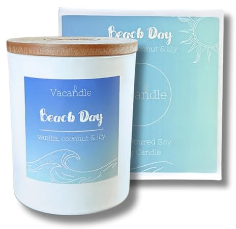 Vacandle Duftkerze Beach Day 200g Kerze im Glas - Duft Vanille Kokosnuss - 40+ Stunden Brenndauer - Duftkerze Herbst - Weihnachtskerzen - Duftkerzen im Glas - Geschenke für Frauen