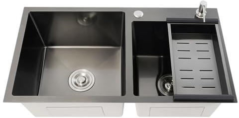 Fregadero doble para cocina, 78 x 43 cm, acero inoxidable, con tubo de desagüe y rebosadero, dispensador de jabón, de tubos en S, color negro