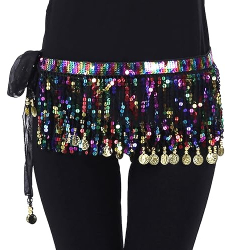 Bailinks Écharpe de Hanche Sequins pour Danse Orientale,Jupe en Mousseline avec pièces Monnaie pour la Danse du ventres,Les Cours de Yoga,Performances-Ceinture écharpe de Danse pour Femmes(Noir)