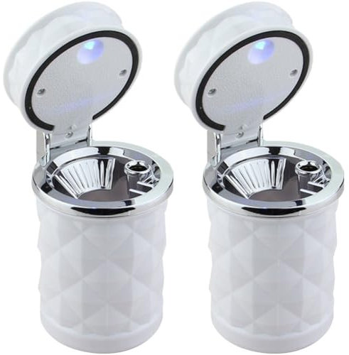 Ericetion 2pcs Car Ashtray, Portable Smokeless Cylinder Ashtray with Lid, Led Light Indicator, Modern Style, White