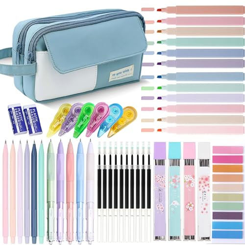 42 Pcs Big Capacity Pencil Pouch with Aesthetic School Supplies, 12 Pastel Highlighters, 5 Black Ink Gel Pens, 6 Mechanical Pencils Set 0.5 & 0.7mm, Sticky Notes, Stationary Set for Student(Blue)