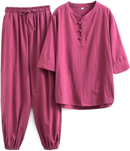 WHESAZYP Tenues de Tai Chi Vêtements de Tai Chi Uniforme de Kung Fu pour Femmes Ensemble d'arts Martiaux en Coton et Lin Pantalon à Manches Courtes Uniforme de méditation Zen