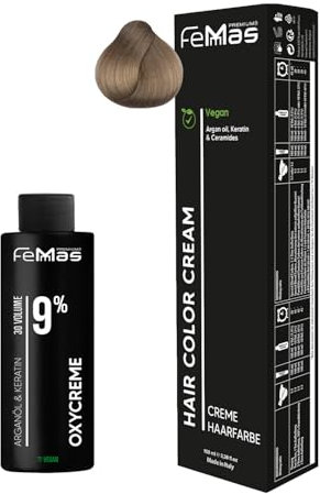 Femmas Set de tinte para el cabello rubio claro dorado 9.3 I Crema colorante 100 ml + crema de óxido 100 ml 9% I coloración permanente del cabello + oxidante I Suave y duradero I Tinte de pelo de