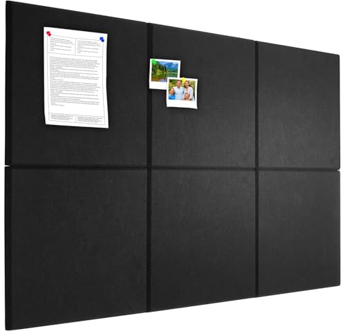 Tablero de corcho alternativo de 90 x 60 cm, tablero de anuncios para el hogar, oficina, cocina, fotos, notas, 6 unidades, azulejos de fieltro extraíbles con 20 chinchetas, color negro