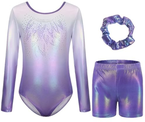 Dreiteilige Gymnastikanzug Mädchen Turnanzug Leotard Turnshorts und Haarband Set, Langarm Ballettröckchen Kleid Trikotanzug Gymnastik Outfit Set für 5-12 Jahre (Gradientes Violett, 110(5-6Jahre))