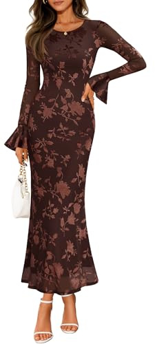 ZESICA Women's 2026 Bell Long Sleeve Floral Maxi Dress Spring Fashion Bodycon Mesh Wedding Guest Cocktail Party Dresses Coffee Medium