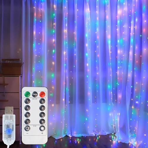 YAPJOY Curtain Fairy Lights Indoor, 300LED 3mx3m Waterfall Hanging USB Powered Fairy String Lights with Remote, 8 Modes Waterproof Window String Light for Bedroom/Wall/Outdoor/Party（Multi-Color