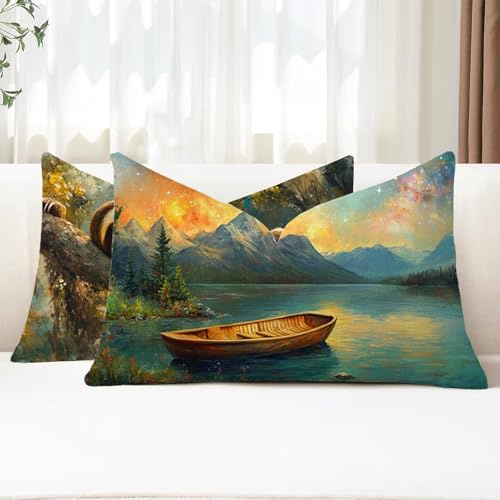 Funda Cojin 25x50 Juego de 2 Cojines Exterior Rectangulares Bote Cojines Sofa Verde Doble Cara Terciopelo Funda Almohada con Cremallera Oculta para Jardin Sofá Cama Coche Otoño Decorativos G1-563