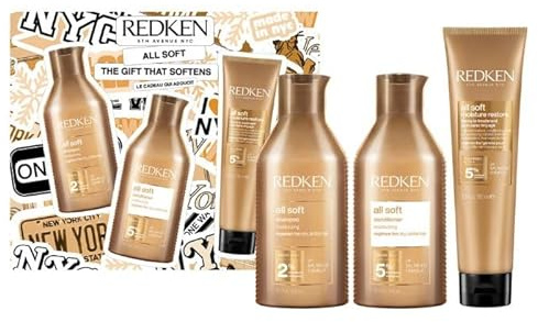 REDKEN - Coffret Cadeau Routine Hydratante - Cheveux Secs et Rêches - Hydratation Intense - Brillance, Douceur et Souplesse - À l'Huile d'Argan - All Soft