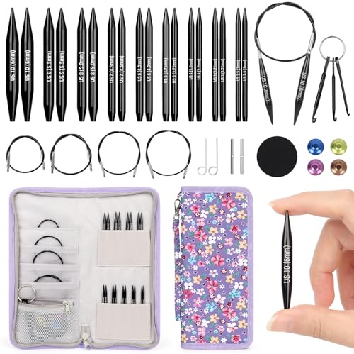 Aeelike Ferri da Maglia Circolari, Set Mini di Ferri da Maglia Circolari Intercambiabili con Custodia e Cavo, 9 Paia di Ferri da Maglia Tondi Intercambiabili da 3mm-6mm in Metallo, Ferri Circolari
