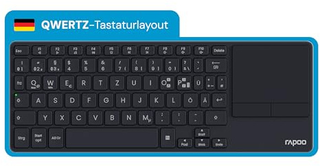 Rapoo E2810M – trådlöst tangentbord Bluetooth och 2,4 G USB-trådlös, pekplatta, multienhet upp till 4 enheter, kompakt aluminiumhölje, batteridriven, QWERTZ layout tyska, mörkgrå