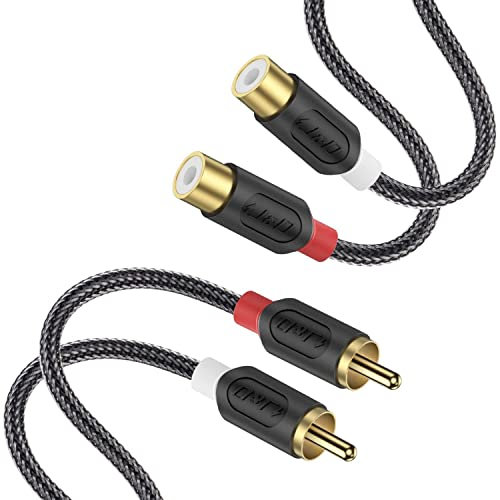 J&D Cavo di Prolunga 2 RCA Maschio-Femmina - Cavo Audio RCA Placcato Oro con Rivestimento in Nylon e Guscio in PVC [Serie Audiowave] per Home Theater, Ricevitori, Amplificatori, Altoparlanti, 1,8 m
