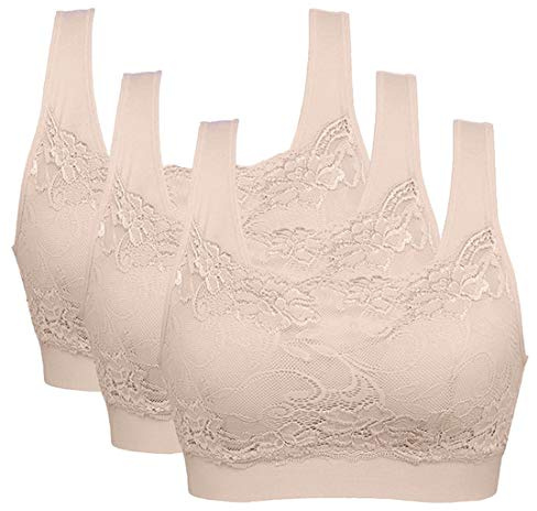 Vertvie dam stretch-bh utan byglar, push-up, yoga, sport bh, toppset för träning, stoppning, 3-pack, 3 hudfärg, XL