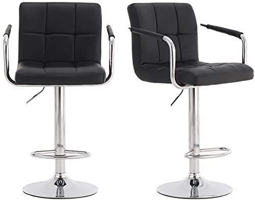 Millhouse Pair of Cuban Bar Stools with Arms & Backrest, Adjustable Swivel Gas Lift, Chrome Footrest for Breakfast Bar & Kitchen, DM717 (Black)